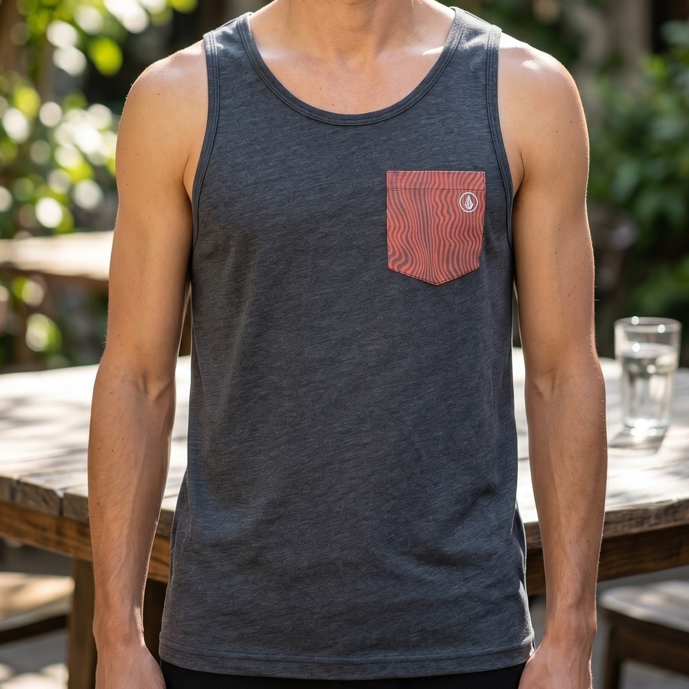Volcom Mens Heather Charcoal Grey Pocket Tank Top Red Wavy Pattern Sleeveless M